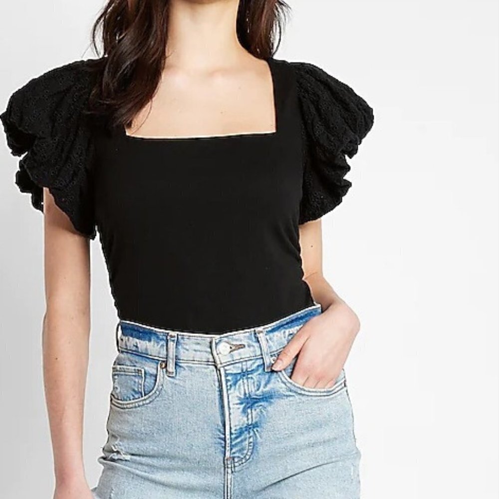 Express Women's Square Neck Eyelet Sleeve Tie Back Tee - S